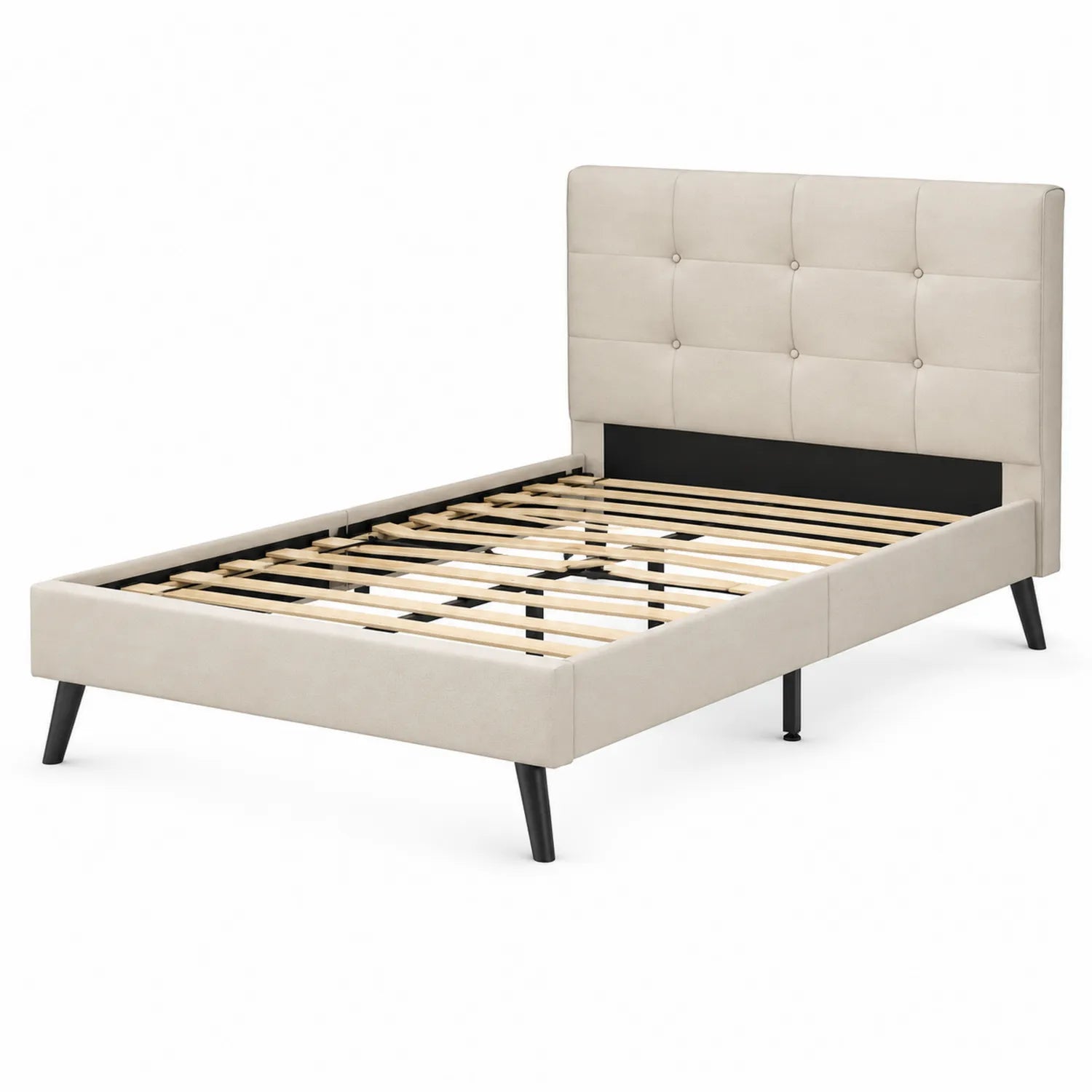 Lit simple en bois et tissu beige avec tête de lit rembourrée