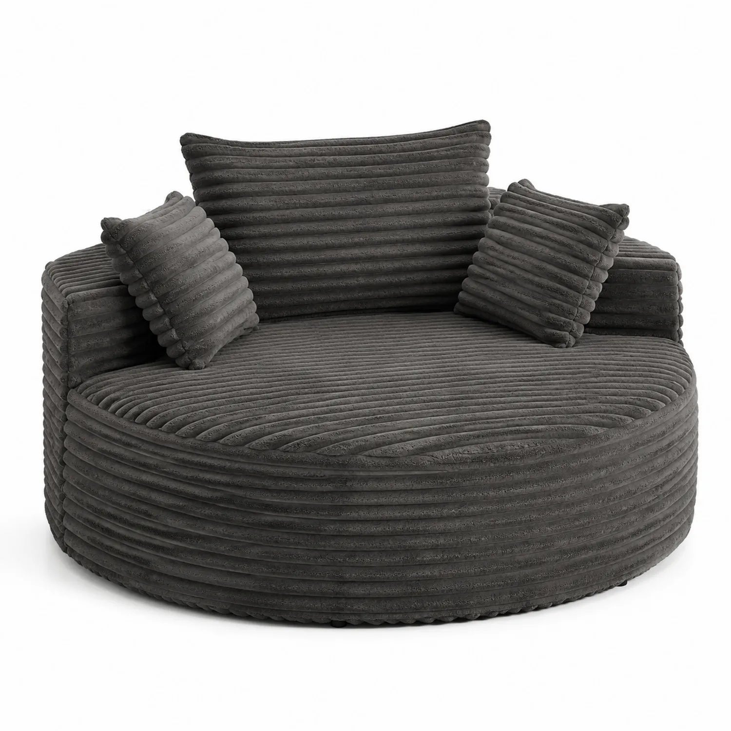 Canapé rond en velours côtelé gris avec coussins