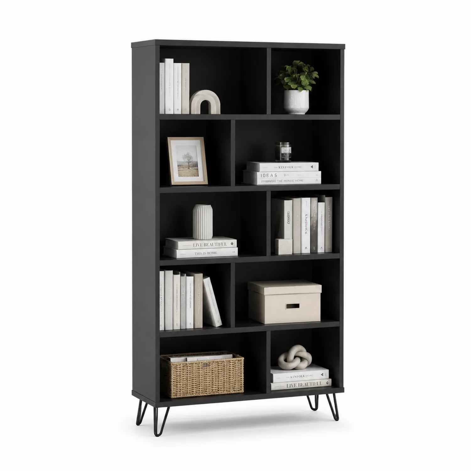 Bibliothèque en MDF Noir avec Pieds en Métal