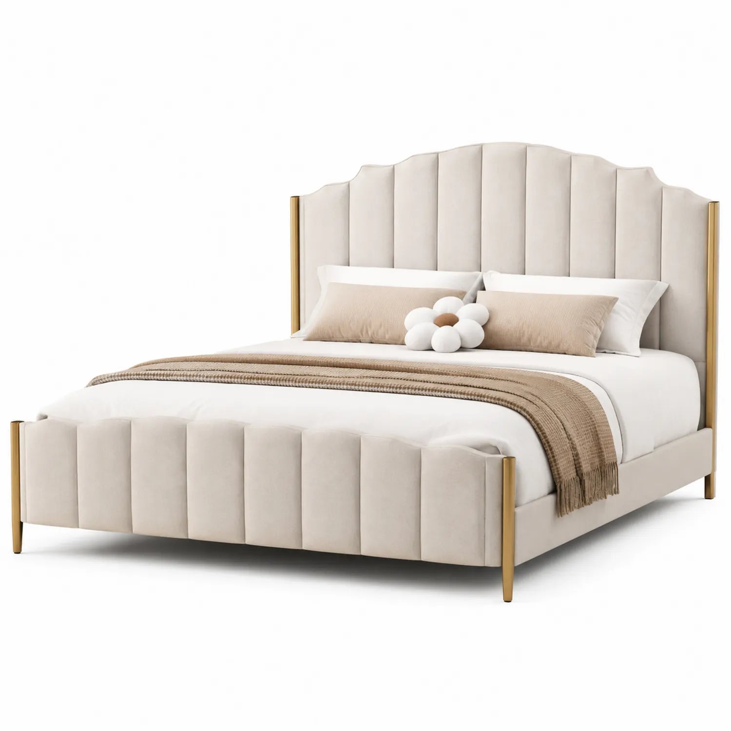 Lit double en velours beige avec pieds en métal doré 200 x 160 cm
