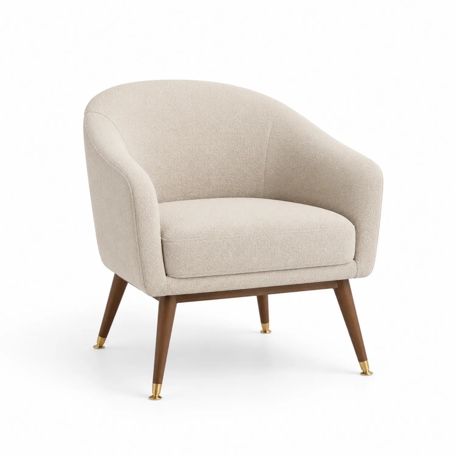 Fauteuil en tissu polyester beige avec pieds en bois et embouts métalliques