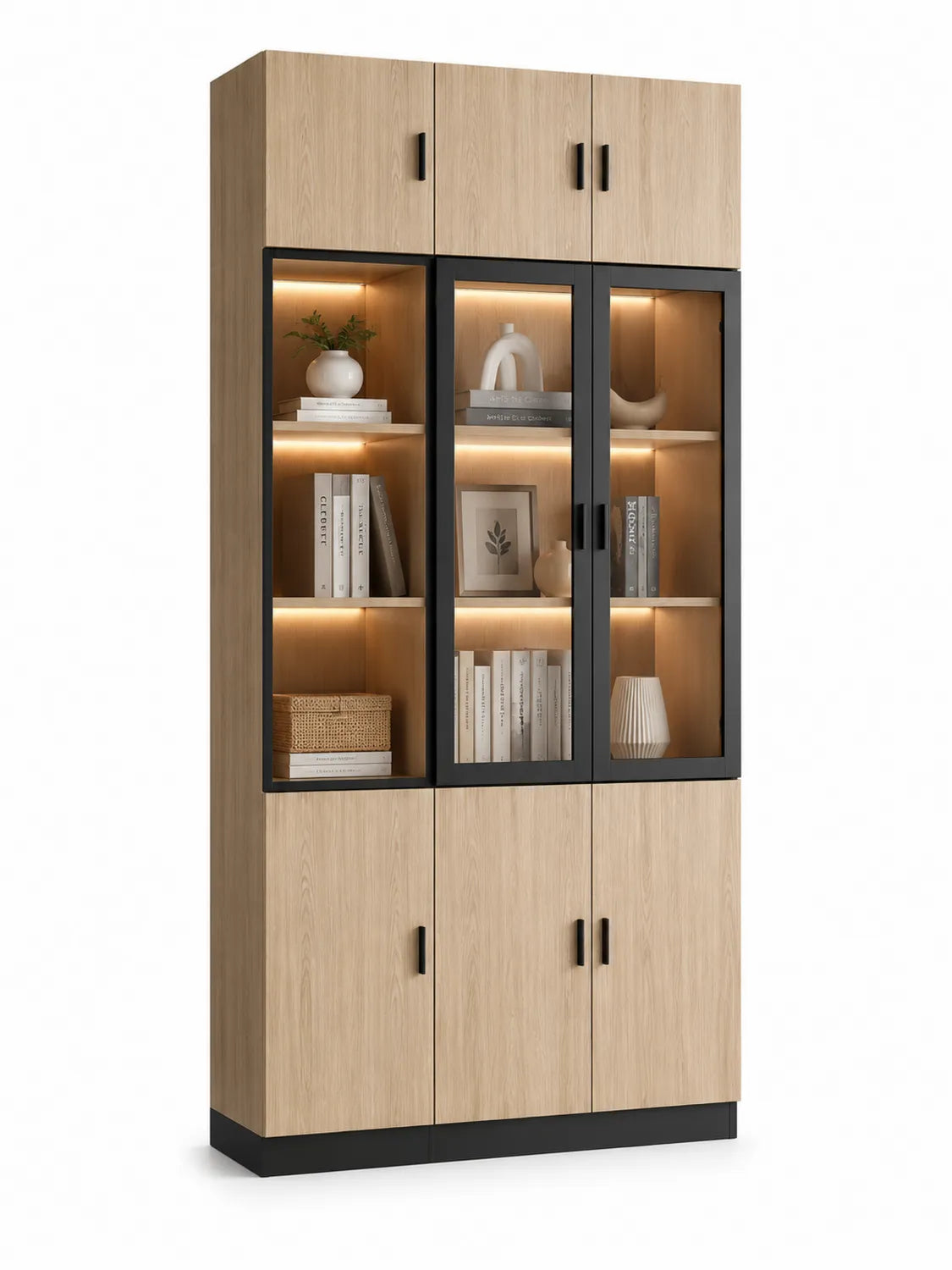 Bibliothèque en bois avec portes vitrées en verre trempé