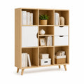Bibliothèque en bois finition chêne et portes blanches avec étagères et tiroirs 150x120x30 cm