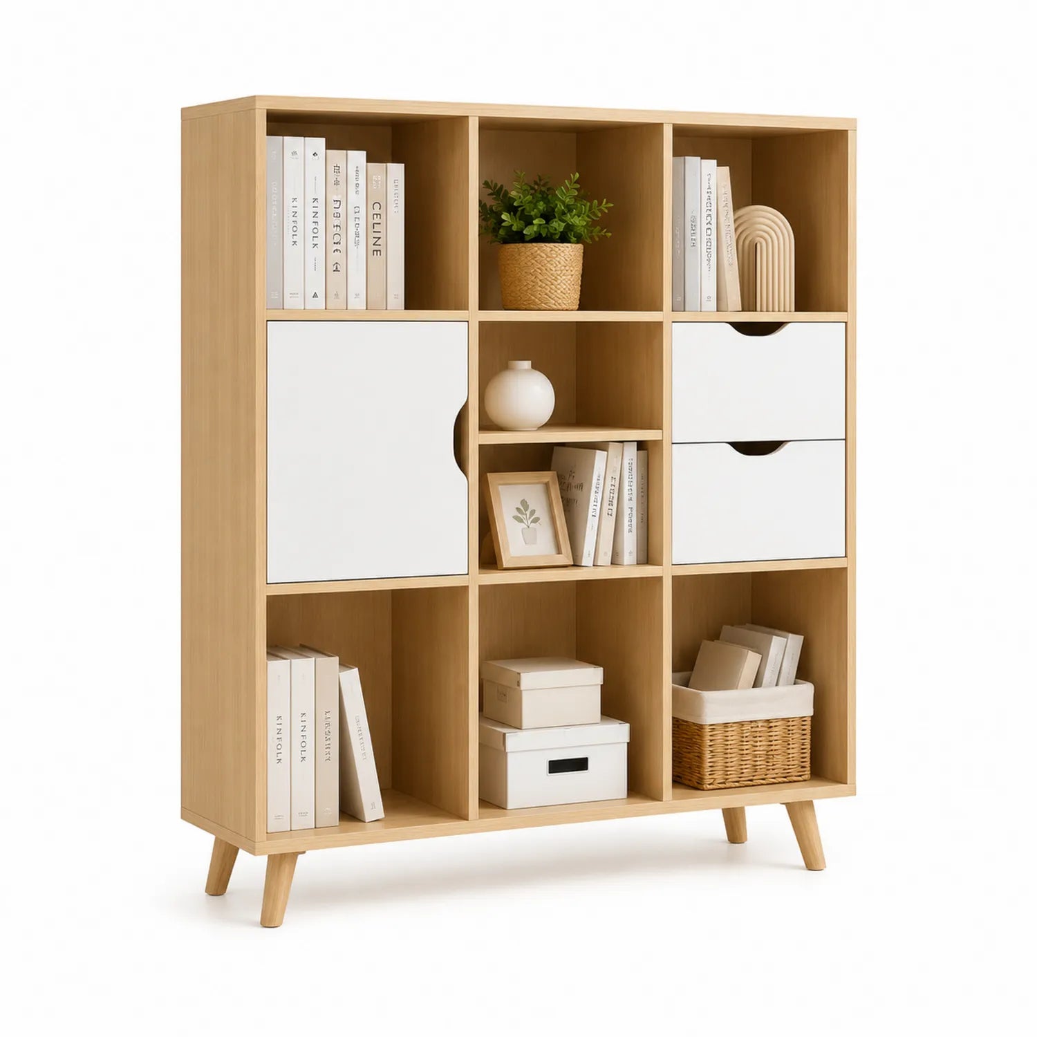 Bibliothèque en bois finition chêne et portes blanches avec étagères et tiroirs 150x120x30 cm