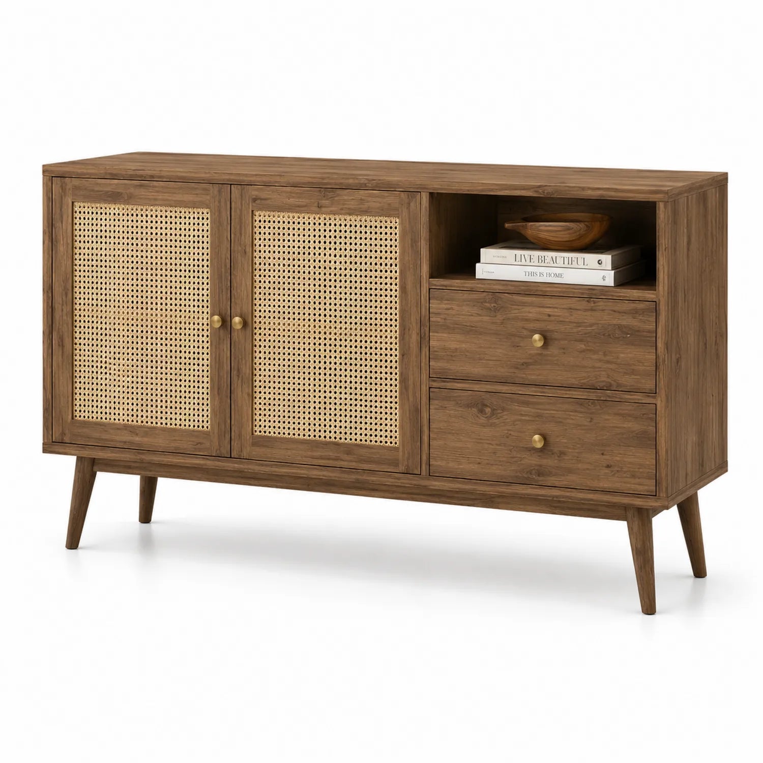 Buffet en bois avec portes en cannage et tiroirs brun