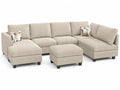 Canapé d'angle en tissu côtelé beige avec ottoman