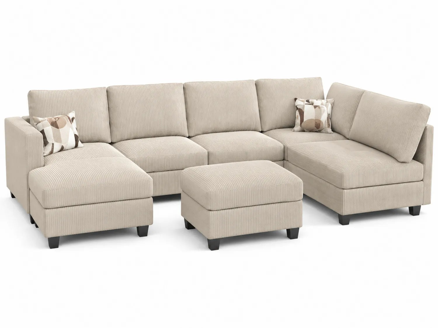 Canapé d'angle en tissu côtelé beige avec ottoman
