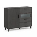 Commode en Bois Composite Noir avec Tiroirs et Porte en Verre