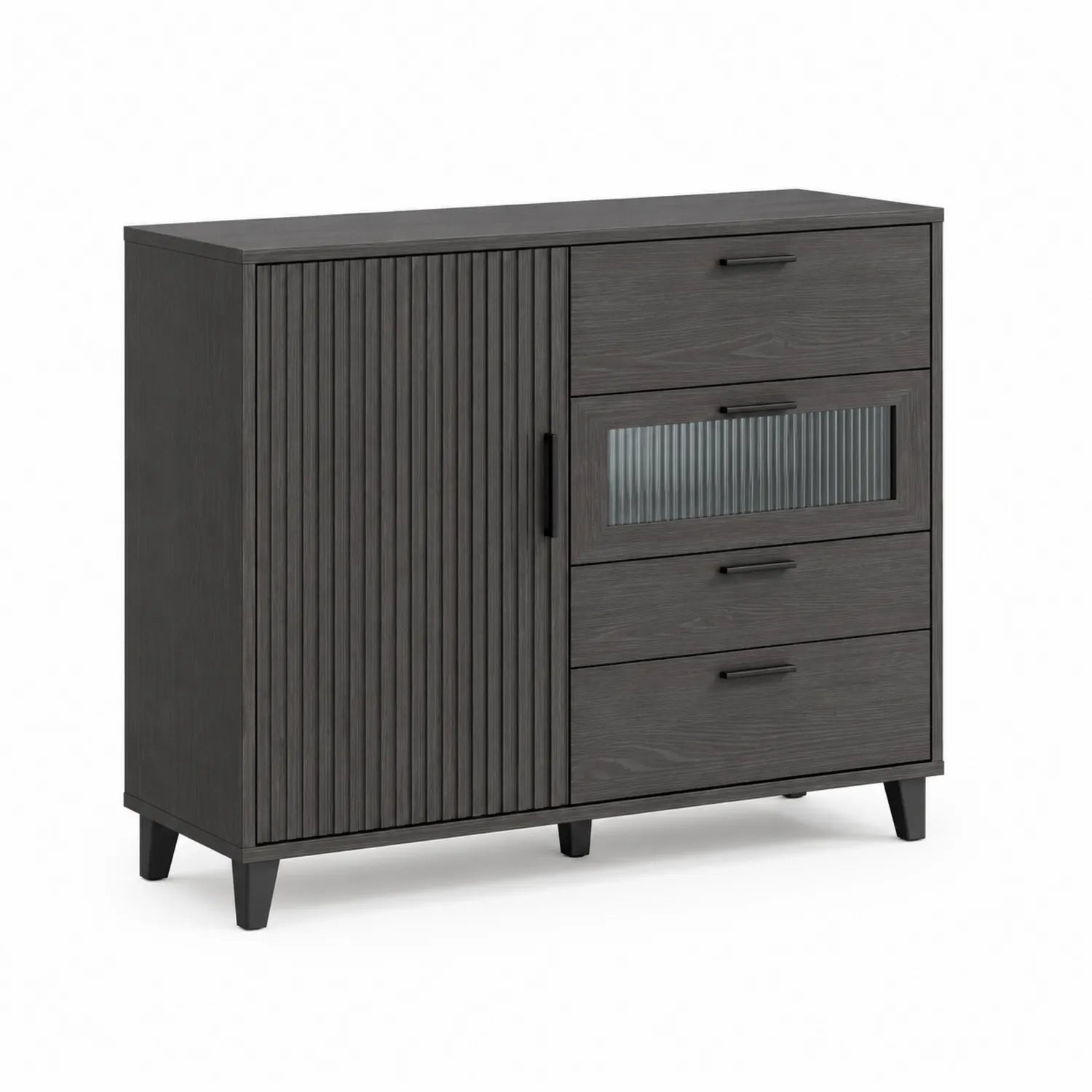 Commode en Bois Composite Noir avec Tiroirs et Porte en Verre