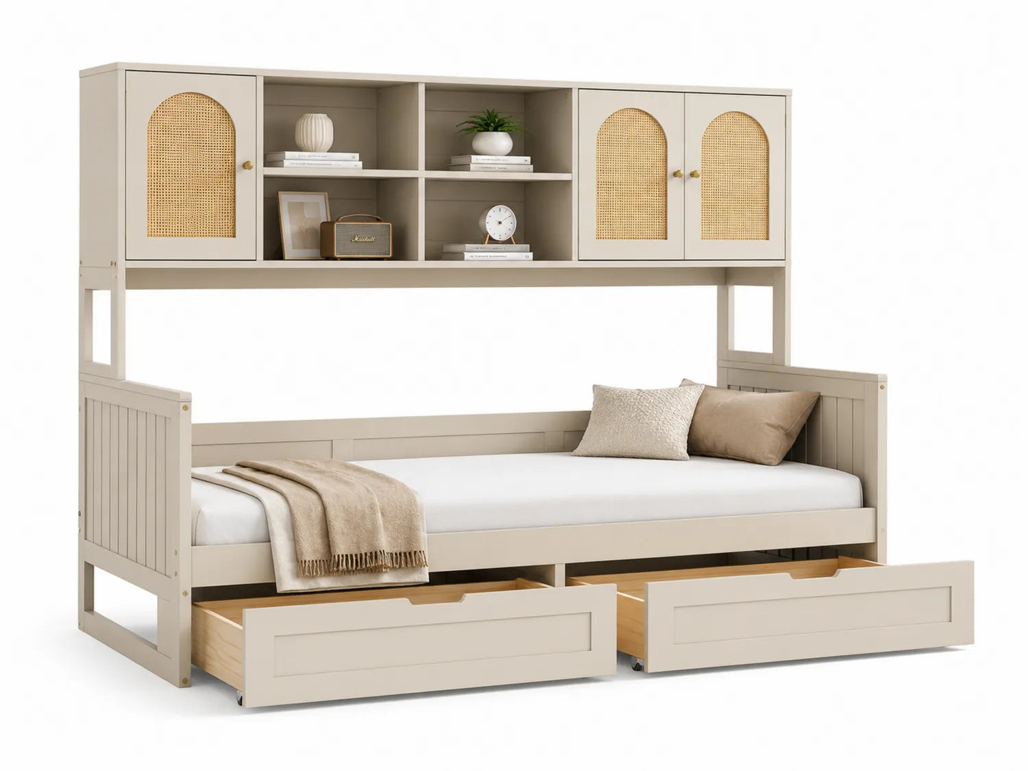 Lit avec étagère et tiroirs en bois massif Beige