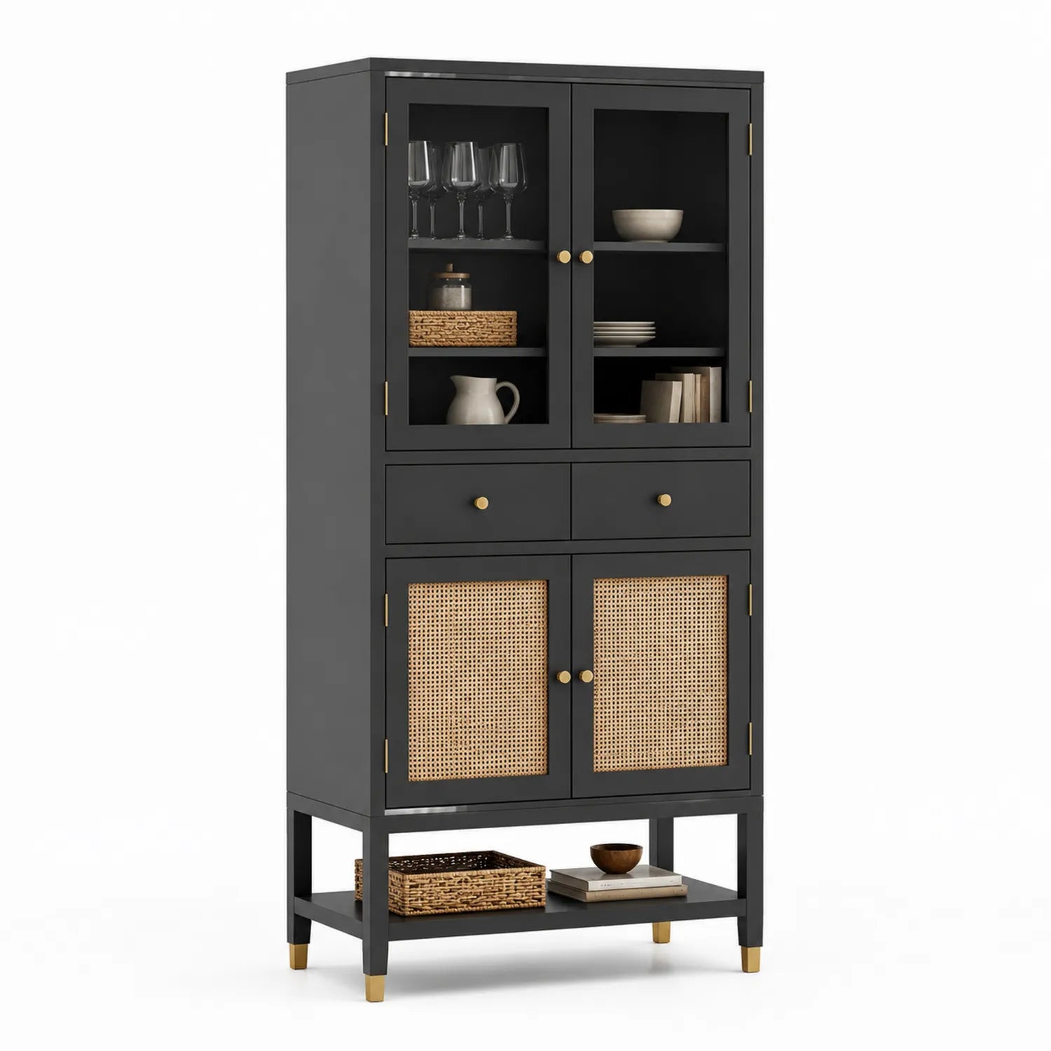 Armoire en bois noir et rotin avec portes en verre et étagères