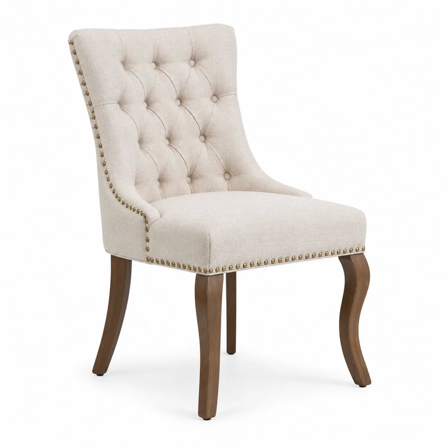 Chaise en tissu beige avec pieds en bois courbés