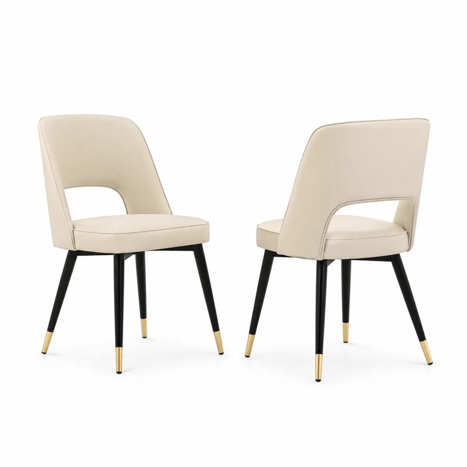 Lot de 2 chaises en similicuir crème avec pieds en métal noir et embouts dorés